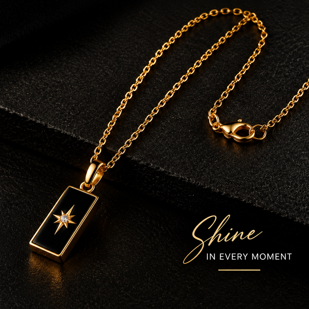 Starry Night Pendant Necklace — Elegant Black Enamel Gold Necklace