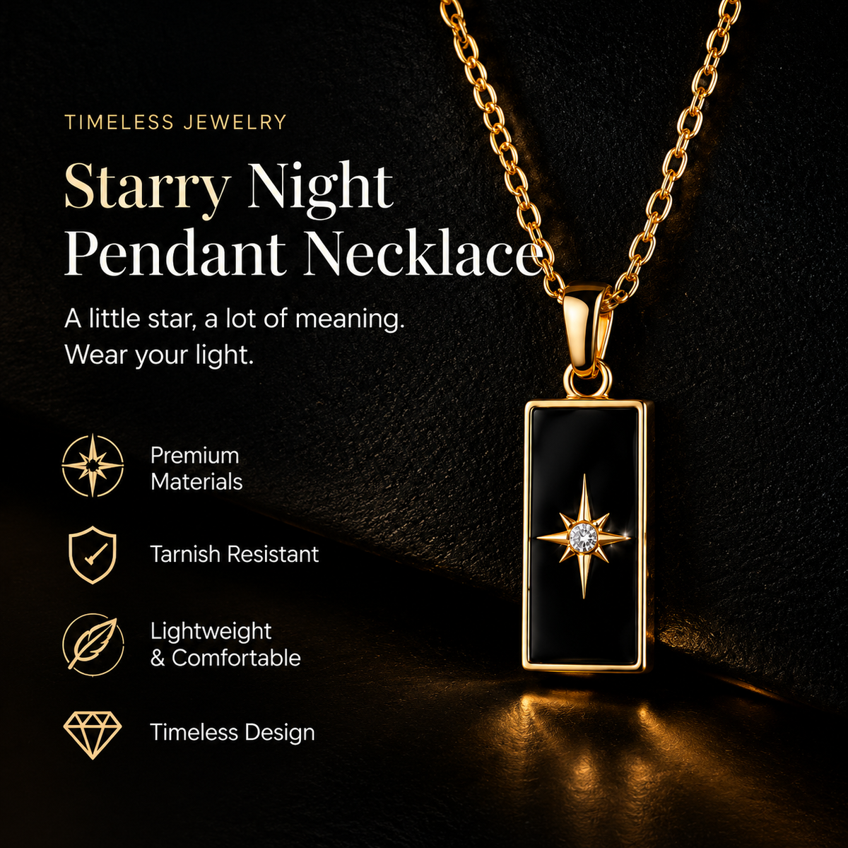 Starry Night Pendant Necklace — Elegant Black Enamel Gold Necklace