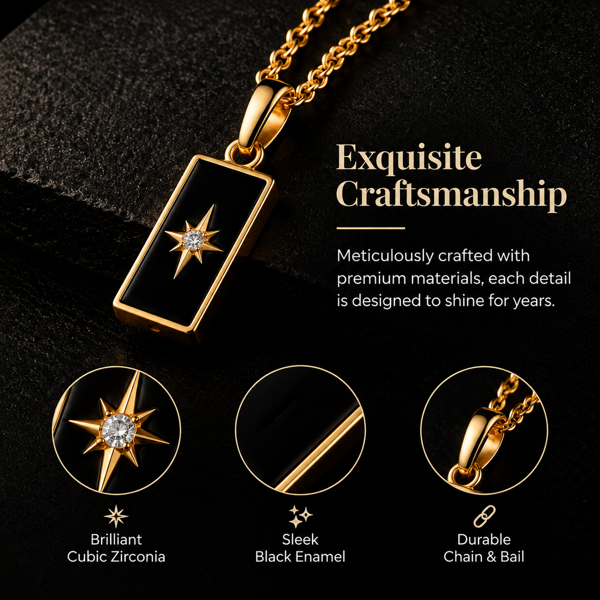 Starry Night Pendant Necklace — Elegant Black Enamel Gold Necklace