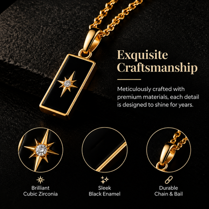 Starry Night Pendant Necklace — Elegant Black Enamel Gold Necklace