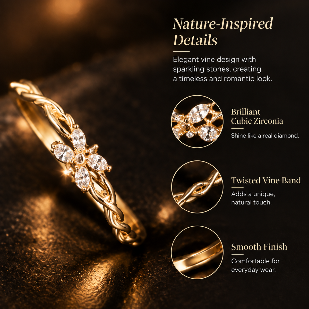 Delicate Vine Ring — Nature-Inspired Gold Crystal Ring