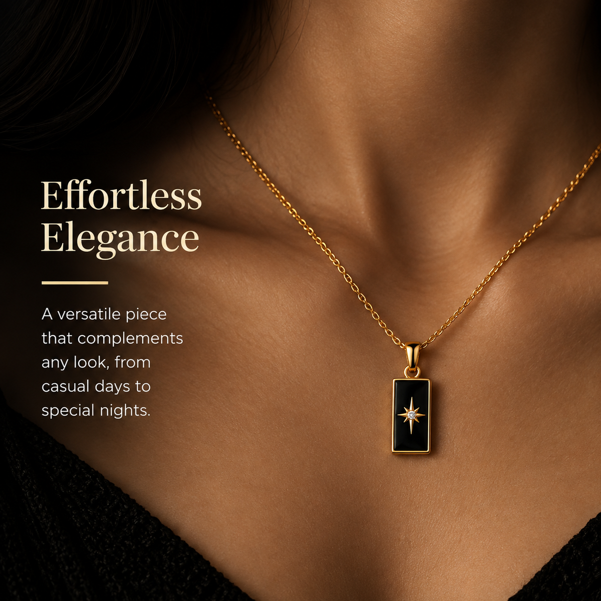 Starry Night Pendant Necklace — Elegant Black Enamel Gold Necklace