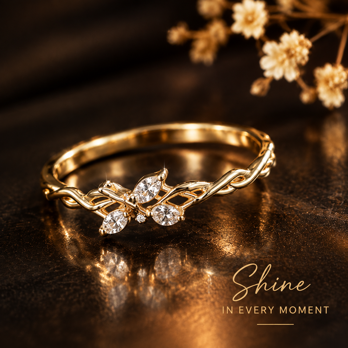 Delicate Vine Ring — Nature-Inspired Gold Crystal Ring
